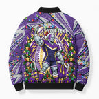Personalized Melbourne Storm Rugby Christmas Bomber Puffer Jacket Holiday Mascot Graphic Art Festive Lights Bow