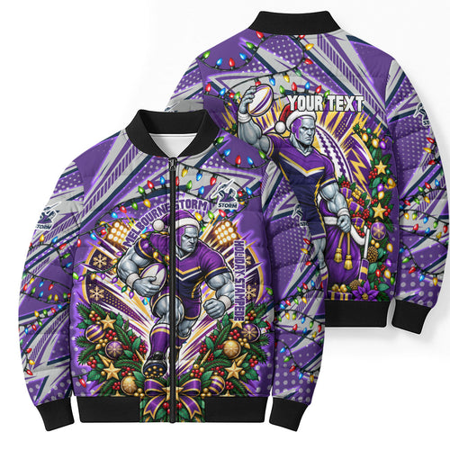 Personalized Melbourne Storm Rugby Christmas Bomber Puffer Jacket Holiday Mascot Graphic Art Festive Lights Bow