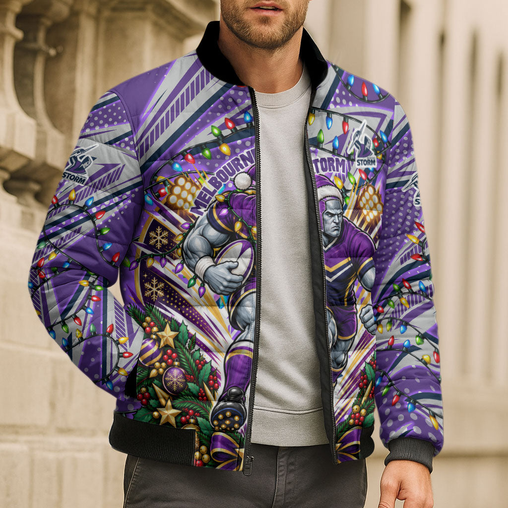 Personalized Melbourne Storm Rugby Christmas Bomber Puffer Jacket Holiday Mascot Graphic Art Festive Lights Bow