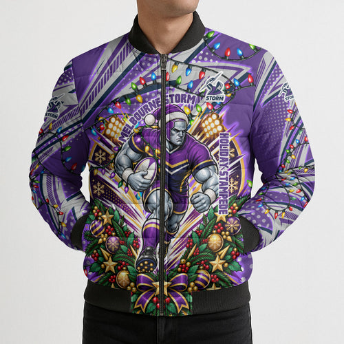 Personalized Melbourne Storm Rugby Christmas Bomber Puffer Jacket Holiday Mascot Graphic Art Festive Lights Bow