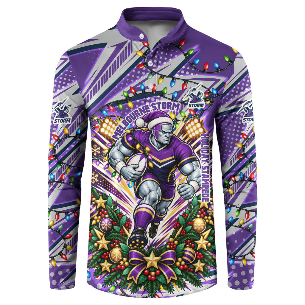 Personalized Melbourne Storm Rugby Christmas Button Sweatshirt Holiday Mascot Graphic Art Festive Lights Bow