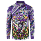 Personalized Melbourne Storm Rugby Christmas Button Sweatshirt Holiday Mascot Graphic Art Festive Lights Bow
