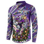 Personalized Melbourne Storm Rugby Christmas Button Sweatshirt Holiday Mascot Graphic Art Festive Lights Bow