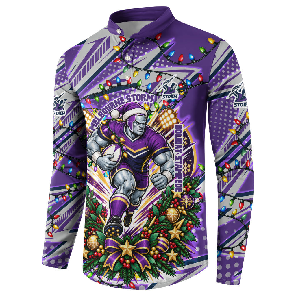 Personalized Melbourne Storm Rugby Christmas Button Sweatshirt Holiday Mascot Graphic Art Festive Lights Bow
