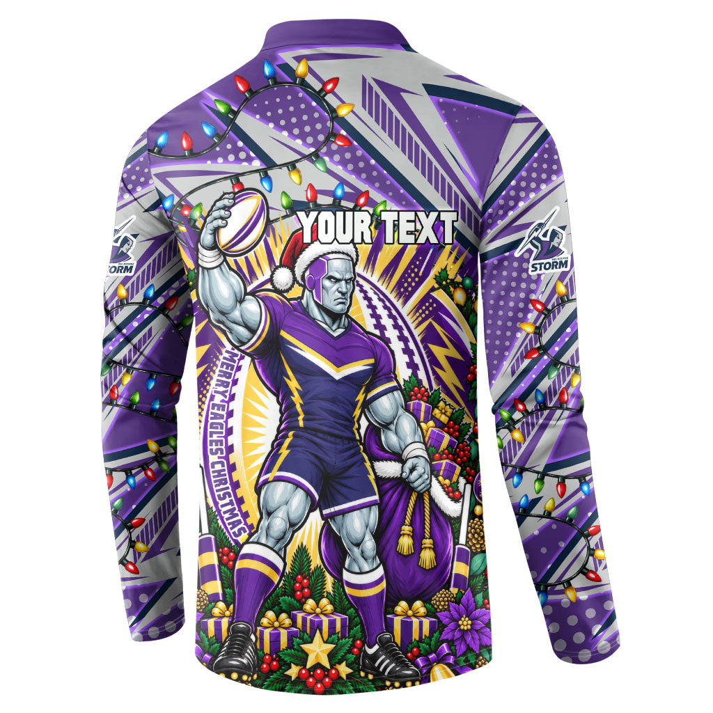 Personalized Melbourne Storm Rugby Christmas Button Sweatshirt Holiday Mascot Graphic Art Festive Lights Bow