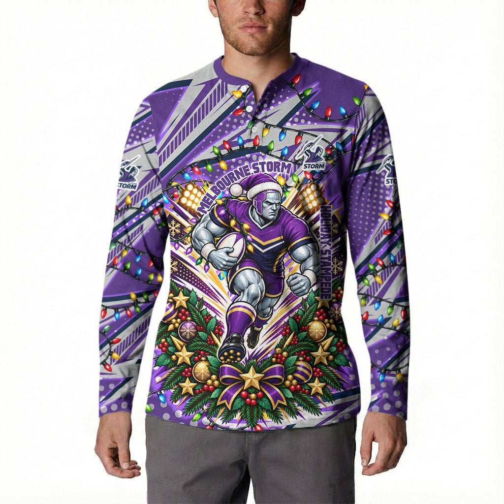 Personalized Melbourne Storm Rugby Christmas Button Sweatshirt Holiday Mascot Graphic Art Festive Lights Bow
