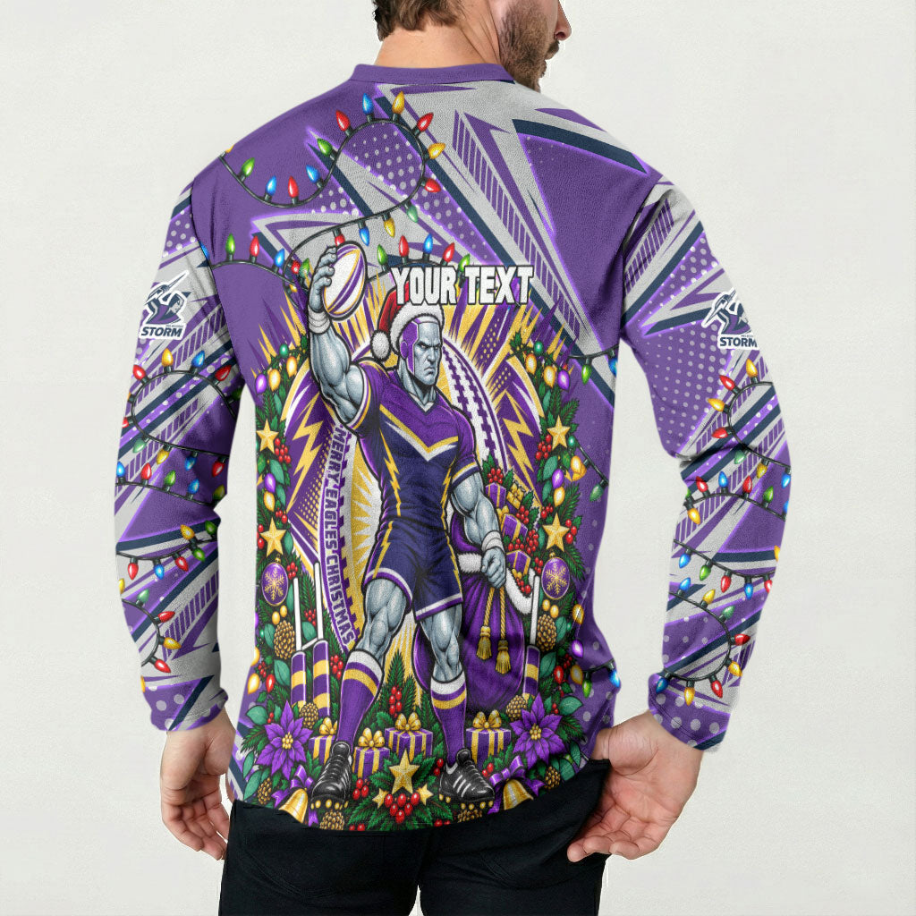 Personalized Melbourne Storm Rugby Christmas Button Sweatshirt Holiday Mascot Graphic Art Festive Lights Bow