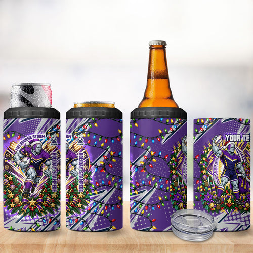 Personalized Melbourne Storm Rugby Christmas 4 in 1 Can Cooler Tumbler Holiday Mascot Graphic Art Festive Lights Bow