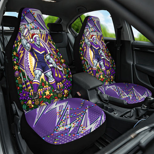 Personalized Melbourne Storm Rugby Christmas Car Seat Cover Holiday Mascot Graphic Art Festive Lights Bow