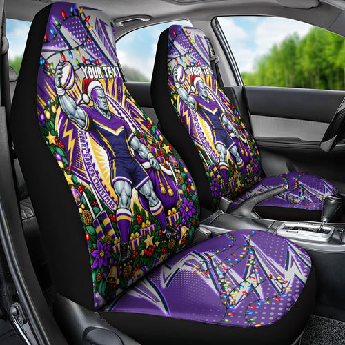 Personalized Melbourne Storm Rugby Christmas Car Seat Cover Holiday Mascot Graphic Art Festive Lights Bow