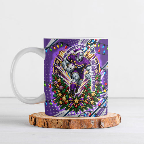 Personalized Melbourne Storm Rugby Christmas Ceramic Mug Holiday Mascot Graphic Art Festive Lights Bow