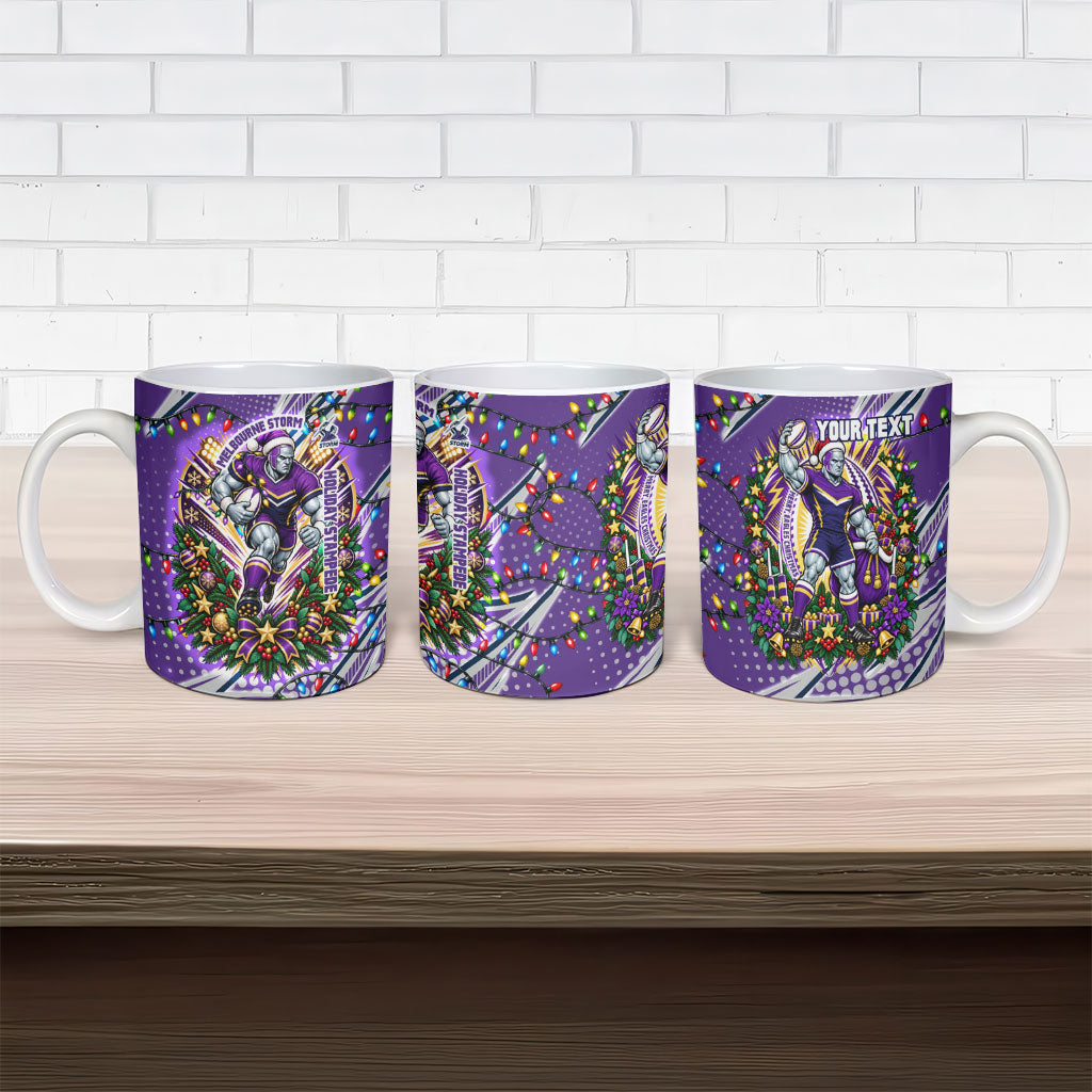Personalized Melbourne Storm Rugby Christmas Ceramic Mug Holiday Mascot Graphic Art Festive Lights Bow