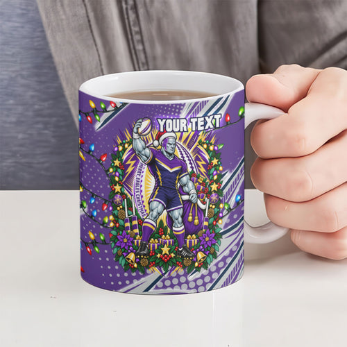 Personalized Melbourne Storm Rugby Christmas Ceramic Mug Holiday Mascot Graphic Art Festive Lights Bow