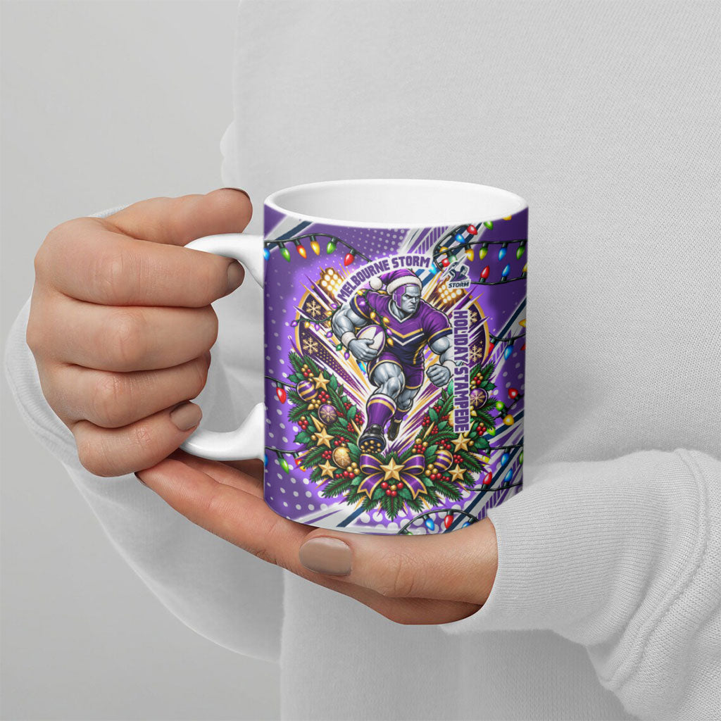 Personalized Melbourne Storm Rugby Christmas Ceramic Mug Holiday Mascot Graphic Art Festive Lights Bow