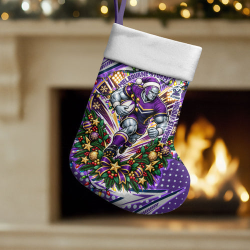 Melbourne Storm Rugby Christmas Stocking Holiday Mascot Graphic Art Festive Lights Bow