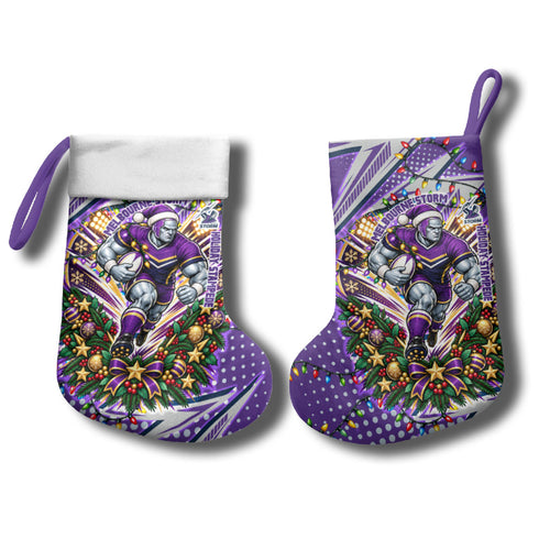 Melbourne Storm Rugby Christmas Stocking Holiday Mascot Graphic Art Festive Lights Bow