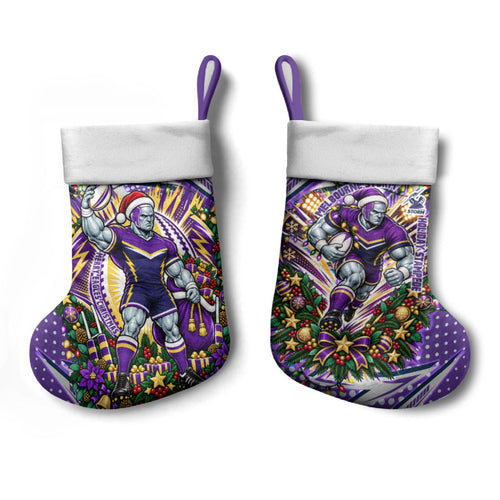 Melbourne Storm Rugby Christmas Stocking Holiday Mascot Graphic Art Festive Lights Bow