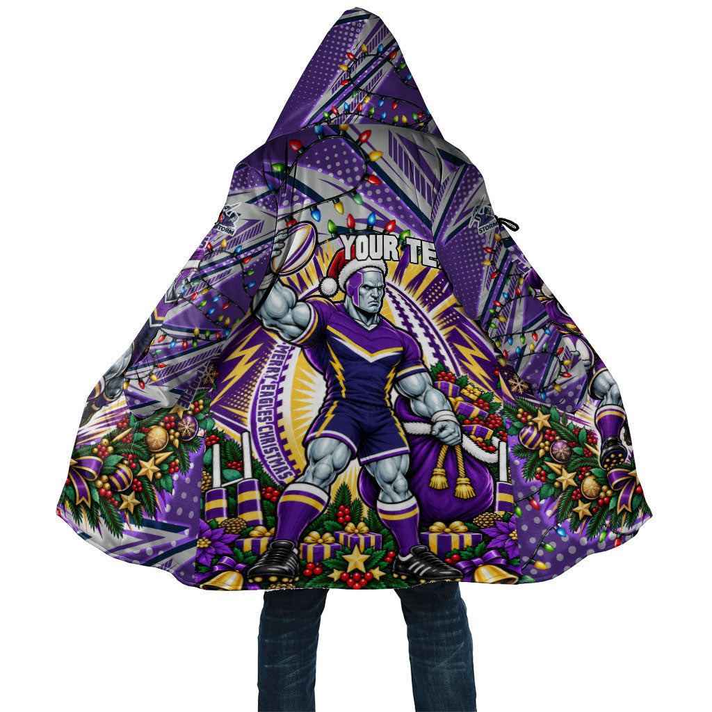 Personalized Melbourne Storm Rugby Christmas Cloak Holiday Mascot Graphic Art Festive Lights Bow