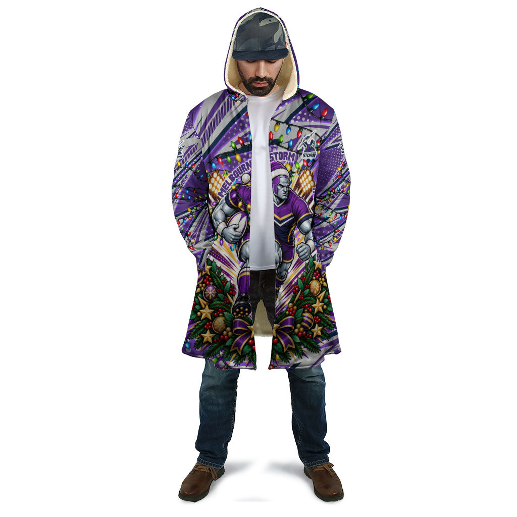 Personalized Melbourne Storm Rugby Christmas Cloak Holiday Mascot Graphic Art Festive Lights Bow