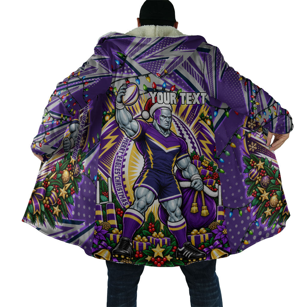 Personalized Melbourne Storm Rugby Christmas Cloak Holiday Mascot Graphic Art Festive Lights Bow