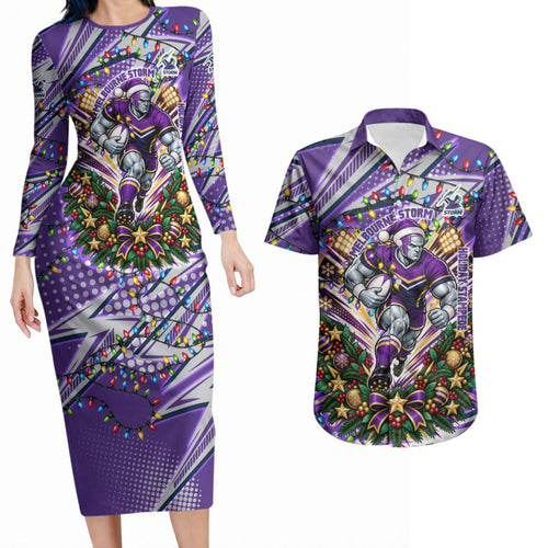 Personalized Melbourne Storm Rugby Christmas Couples Matching Long Sleeve Bodycon Dress and Hawaiian Shirt Holiday Mascot Graphic Art Festive Lights Bow