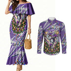 Personalized Melbourne Storm Rugby Christmas Couples Matching Mermaid Dress and Long Sleeve Button Shirt Holiday Mascot Graphic Art Festive Lights Bow