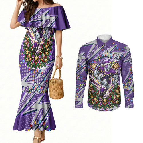 Personalized Melbourne Storm Rugby Christmas Couples Matching Mermaid Dress and Long Sleeve Button Shirt Holiday Mascot Graphic Art Festive Lights Bow