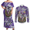 Personalized Melbourne Storm Rugby Christmas Couples Matching Off Shoulder Maxi Dress and Long Sleeve Button Shirt Holiday Mascot Graphic Art Festive Lights Bow