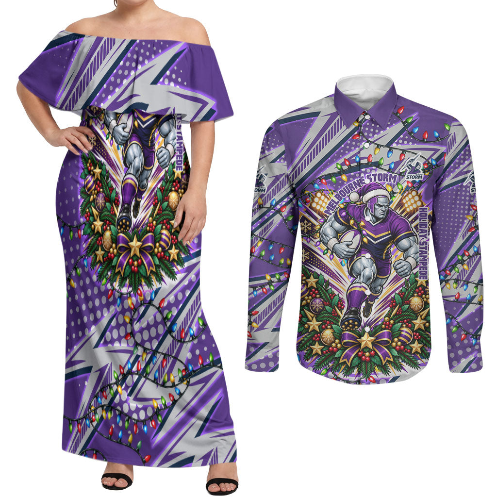 Personalized Melbourne Storm Rugby Christmas Couples Matching Off Shoulder Maxi Dress and Long Sleeve Button Shirt Holiday Mascot Graphic Art Festive Lights Bow