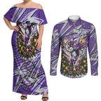 Personalized Melbourne Storm Rugby Christmas Couples Matching Off Shoulder Maxi Dress and Long Sleeve Button Shirt Holiday Mascot Graphic Art Festive Lights Bow
