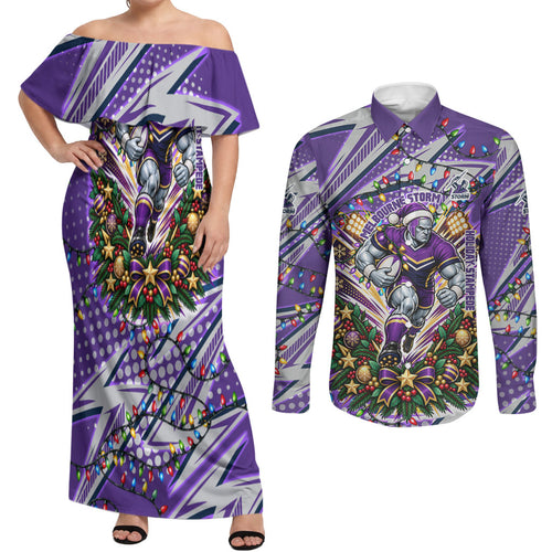 Personalized Melbourne Storm Rugby Christmas Couples Matching Off Shoulder Maxi Dress and Long Sleeve Button Shirt Holiday Mascot Graphic Art Festive Lights Bow