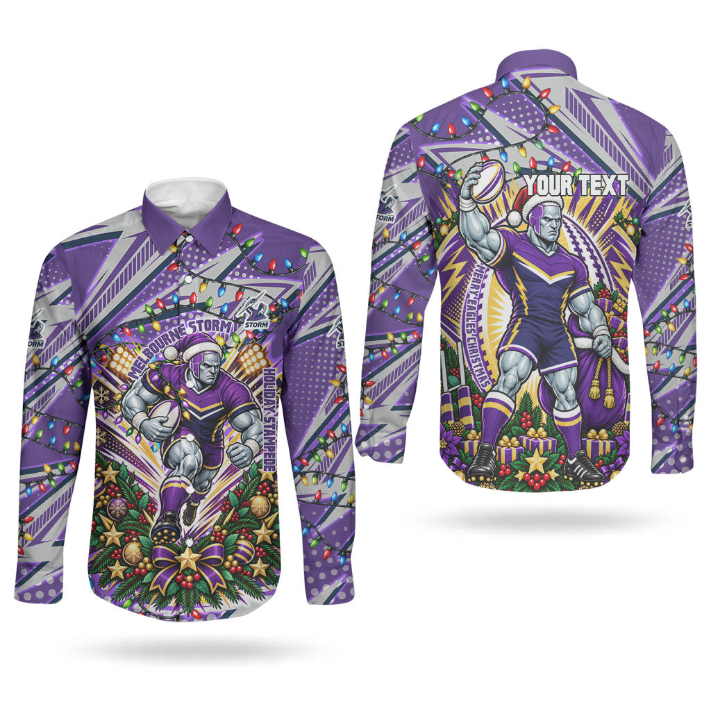 Personalized Melbourne Storm Rugby Christmas Couples Matching Off Shoulder Maxi Dress and Long Sleeve Button Shirt Holiday Mascot Graphic Art Festive Lights Bow