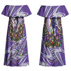 Personalized Melbourne Storm Rugby Christmas Couples Matching Off Shoulder Maxi Dress and Long Sleeve Button Shirt Holiday Mascot Graphic Art Festive Lights Bow