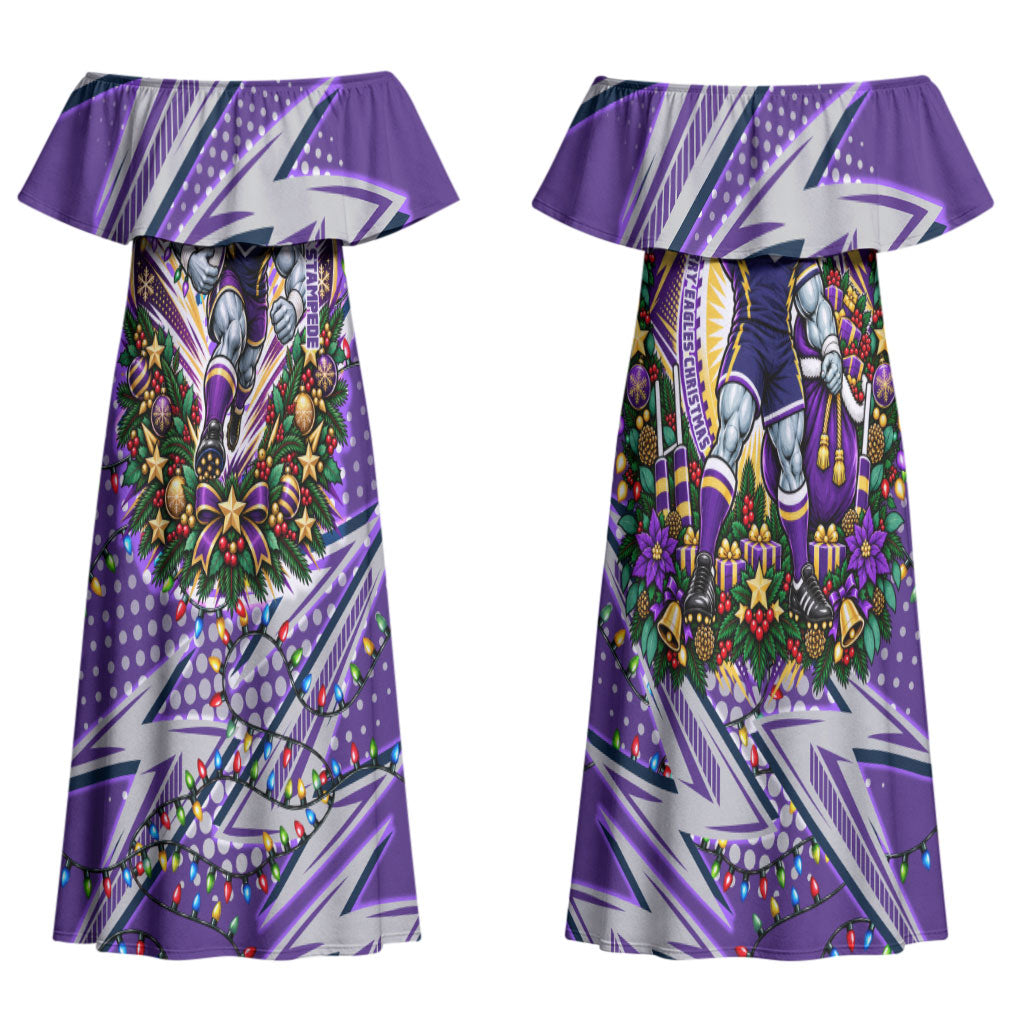 Personalized Melbourne Storm Rugby Christmas Couples Matching Off Shoulder Maxi Dress and Long Sleeve Button Shirt Holiday Mascot Graphic Art Festive Lights Bow