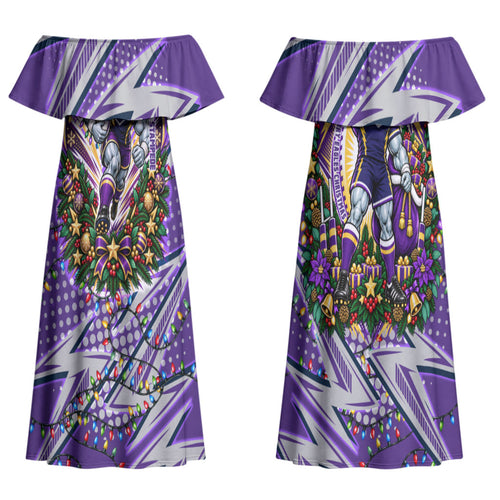 Personalized Melbourne Storm Rugby Christmas Couples Matching Off Shoulder Maxi Dress and Long Sleeve Button Shirt Holiday Mascot Graphic Art Festive Lights Bow
