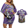 Personalized Melbourne Storm Rugby Christmas Couples Matching Off Shoulder Short Dress and Hawaiian Shirt Holiday Mascot Graphic Art Festive Lights Bow