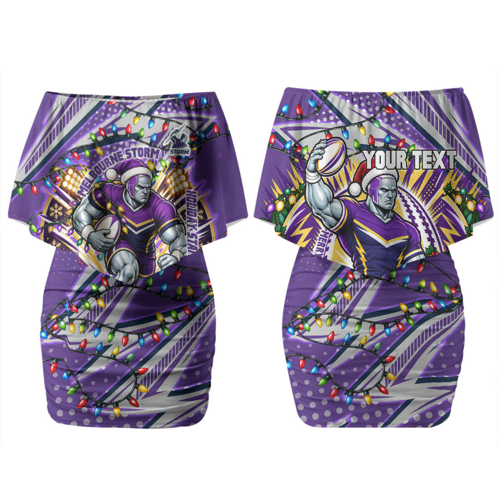Personalized Melbourne Storm Rugby Christmas Couples Matching Off Shoulder Short Dress and Hawaiian Shirt Holiday Mascot Graphic Art Festive Lights Bow