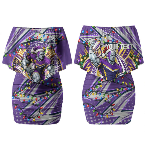 Personalized Melbourne Storm Rugby Christmas Couples Matching Off Shoulder Short Dress and Hawaiian Shirt Holiday Mascot Graphic Art Festive Lights Bow