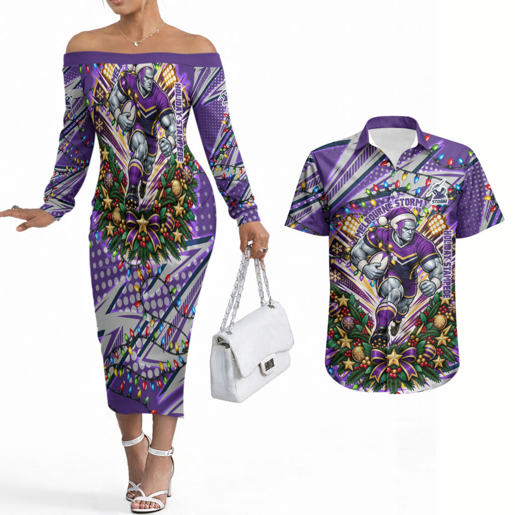 Personalized Melbourne Storm Rugby Christmas Couples Matching Off The Shoulder Long Sleeve Dress and Hawaiian Shirt Holiday Mascot Graphic Art Festive Lights Bow