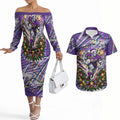 Personalized Melbourne Storm Rugby Christmas Couples Matching Off The Shoulder Long Sleeve Dress and Hawaiian Shirt Holiday Mascot Graphic Art Festive Lights Bow