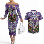 Personalized Melbourne Storm Rugby Christmas Couples Matching Off The Shoulder Long Sleeve Dress and Hawaiian Shirt Holiday Mascot Graphic Art Festive Lights Bow