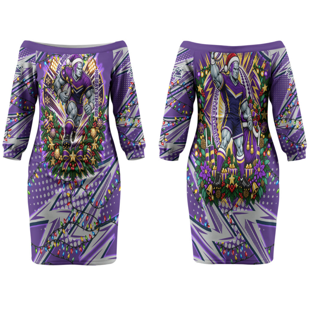 Personalized Melbourne Storm Rugby Christmas Couples Matching Off The Shoulder Long Sleeve Dress and Hawaiian Shirt Holiday Mascot Graphic Art Festive Lights Bow