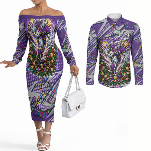 Personalized Melbourne Storm Rugby Christmas Couples Matching Off The Shoulder Long Sleeve Dress and Long Sleeve Button Shirt Holiday Mascot Graphic Art Festive Lights Bow