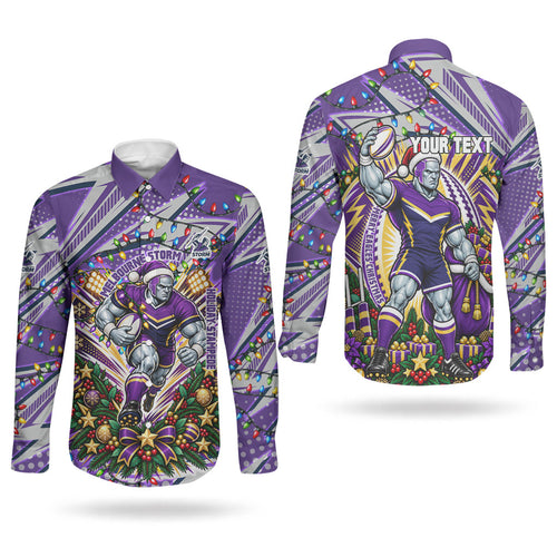 Personalized Melbourne Storm Rugby Christmas Couples Matching Off The Shoulder Long Sleeve Dress and Long Sleeve Button Shirt Holiday Mascot Graphic Art Festive Lights Bow