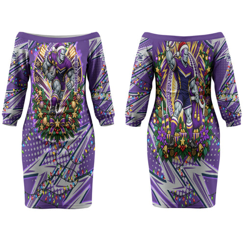 Personalized Melbourne Storm Rugby Christmas Couples Matching Off The Shoulder Long Sleeve Dress and Long Sleeve Button Shirt Holiday Mascot Graphic Art Festive Lights Bow
