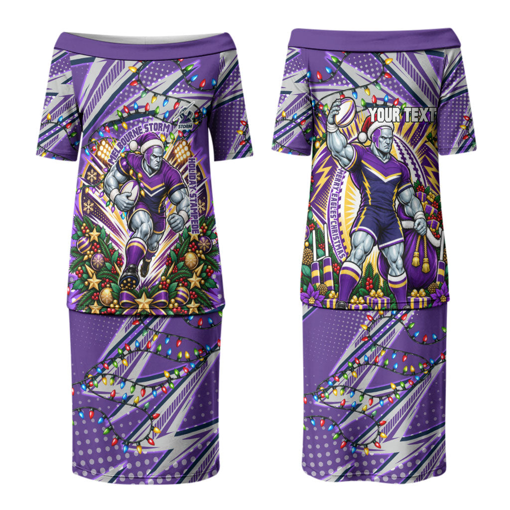 Personalized Melbourne Storm Rugby Christmas Couples Matching Puletasi and Long Sleeve Button Shirt Holiday Mascot Graphic Art Festive Lights Bow