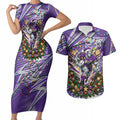 Personalized Melbourne Storm Rugby Christmas Couples Matching Short Sleeve Bodycon Dress and Hawaiian Shirt Holiday Mascot Graphic Art Festive Lights Bow