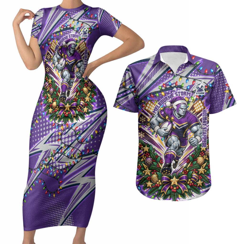 Personalized Melbourne Storm Rugby Christmas Couples Matching Short Sleeve Bodycon Dress and Hawaiian Shirt Holiday Mascot Graphic Art Festive Lights Bow