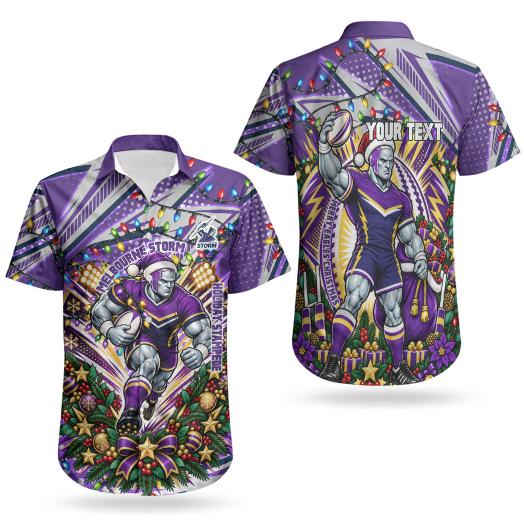 Personalized Melbourne Storm Rugby Christmas Couples Matching Short Sleeve Bodycon Dress and Hawaiian Shirt Holiday Mascot Graphic Art Festive Lights Bow