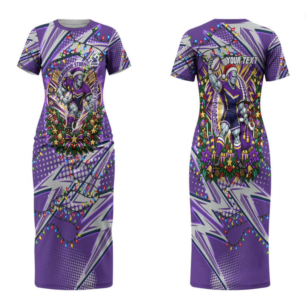 Personalized Melbourne Storm Rugby Christmas Couples Matching Short Sleeve Bodycon Dress and Hawaiian Shirt Holiday Mascot Graphic Art Festive Lights Bow